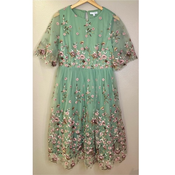 NWT Baltic Born Duchess Tulle Midi Dress Sage Green Embroidered Floral Feminine - Picture 10 of 11